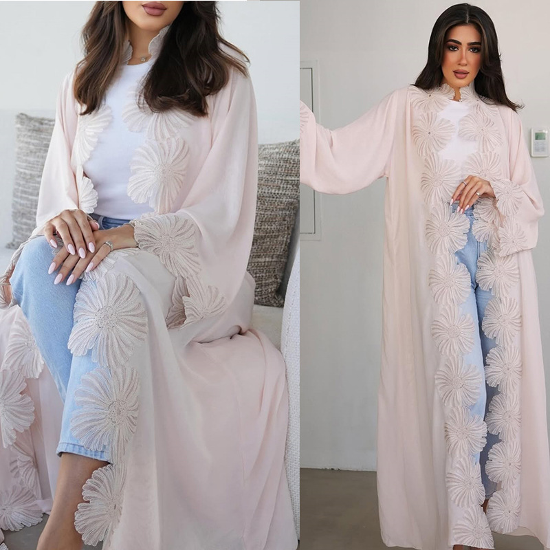 高級花レーストリムオープンアバヤヴィンテージアバヤドレス生地ポリエステルカフタン祈りイスラム服夏通気性ファッション