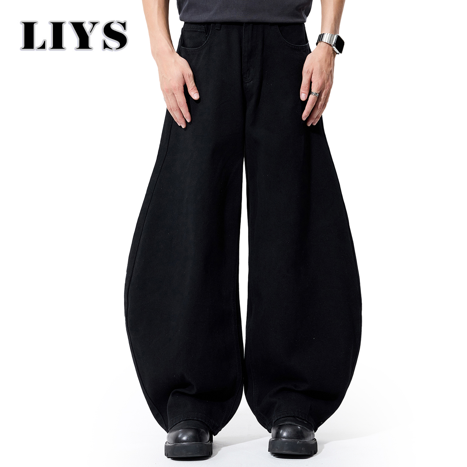 Liys メンズ ブラック 超ワイドレッグ ジーンズ だぶだぶ フィット デニム パンツ 男 ソリッド ストリート デイリー カジュアル ファッション ランタン バルーン ジーンズ