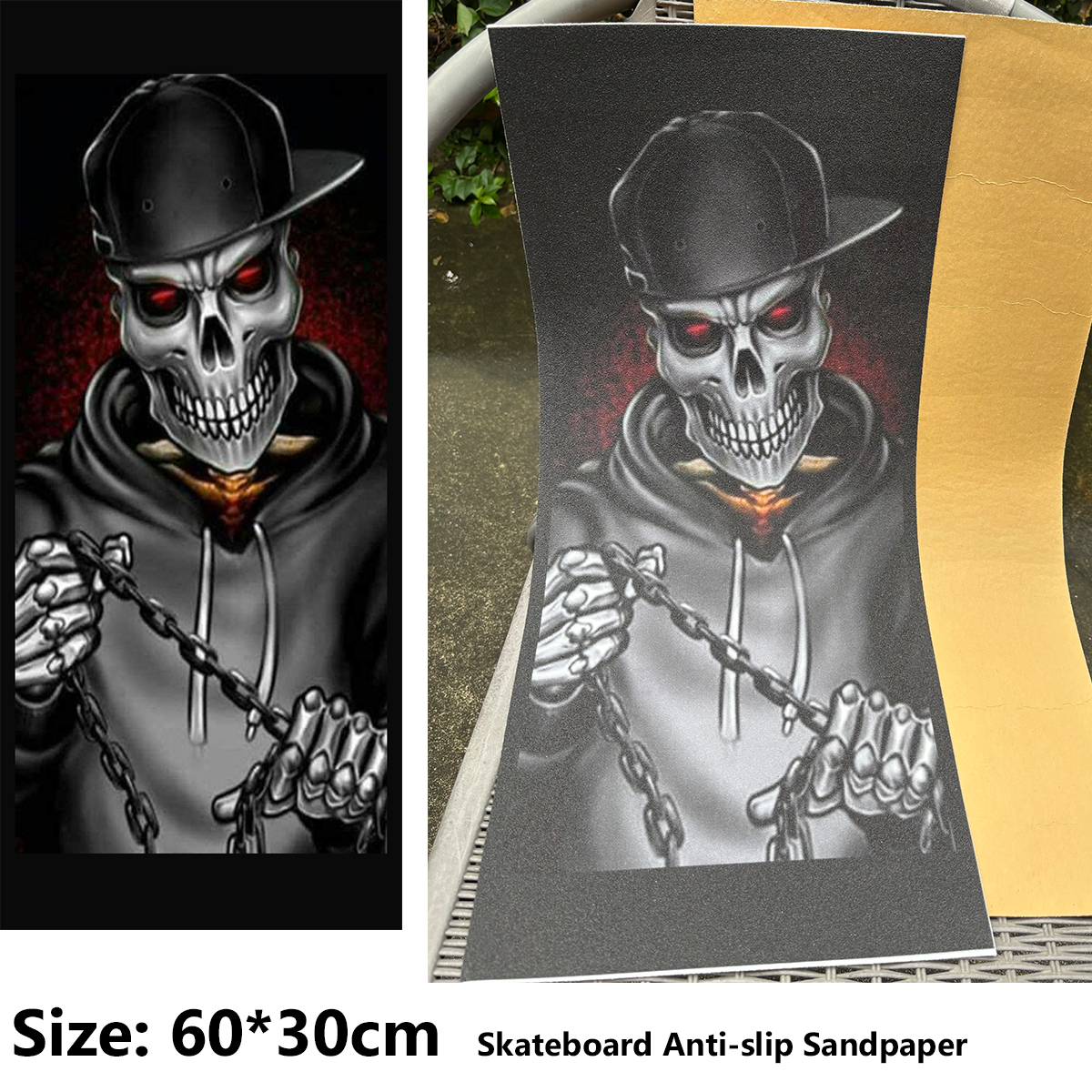 Cool Skull Horror Black Pattern Electric Scooter Anti-slip Sticker Sandpaper Skateboard Grip Tape Sheet 60*30cm