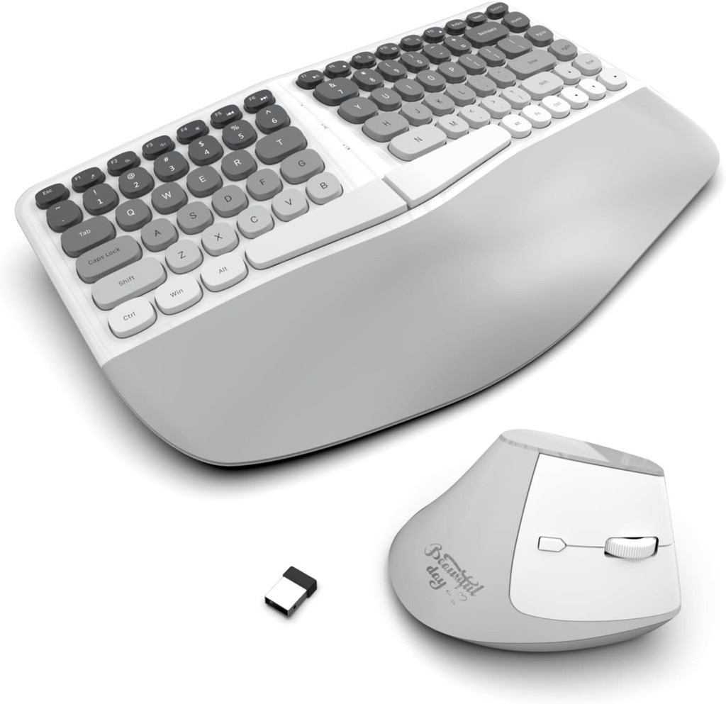 Jomaa 人間工学に基づいた分割キーボードとマウス クリーミー ワイヤレス キーボード サイレント マウス セット リストレスト付き ラップトップ、PC、Windows 用