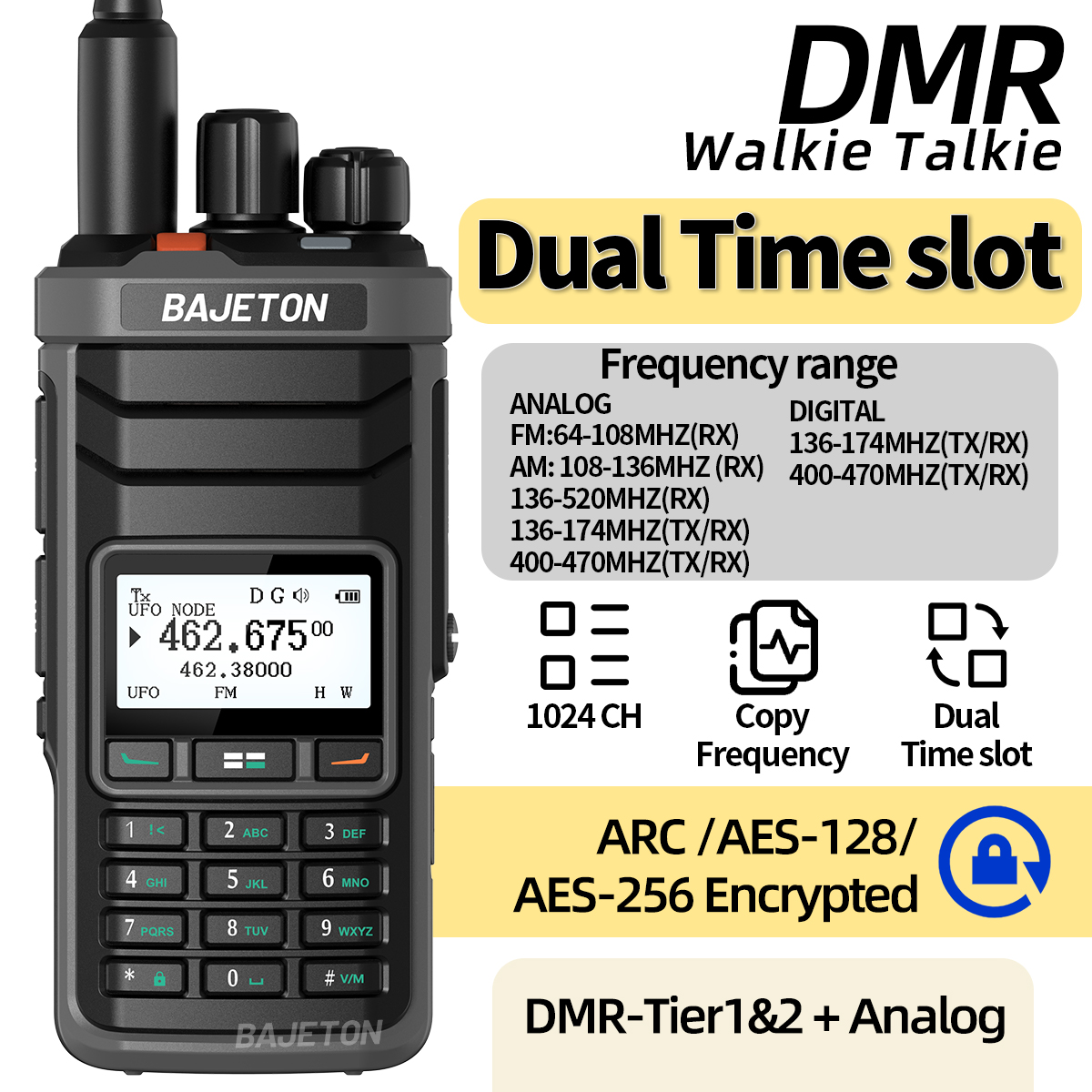 BAJETON DM-5000 DMR トランシーバー AES-256 暗号化デュアルタイムスロットデジタルアナログ SMS NOAA TYPE-C 充電器 RT-4D アマチュア無線用