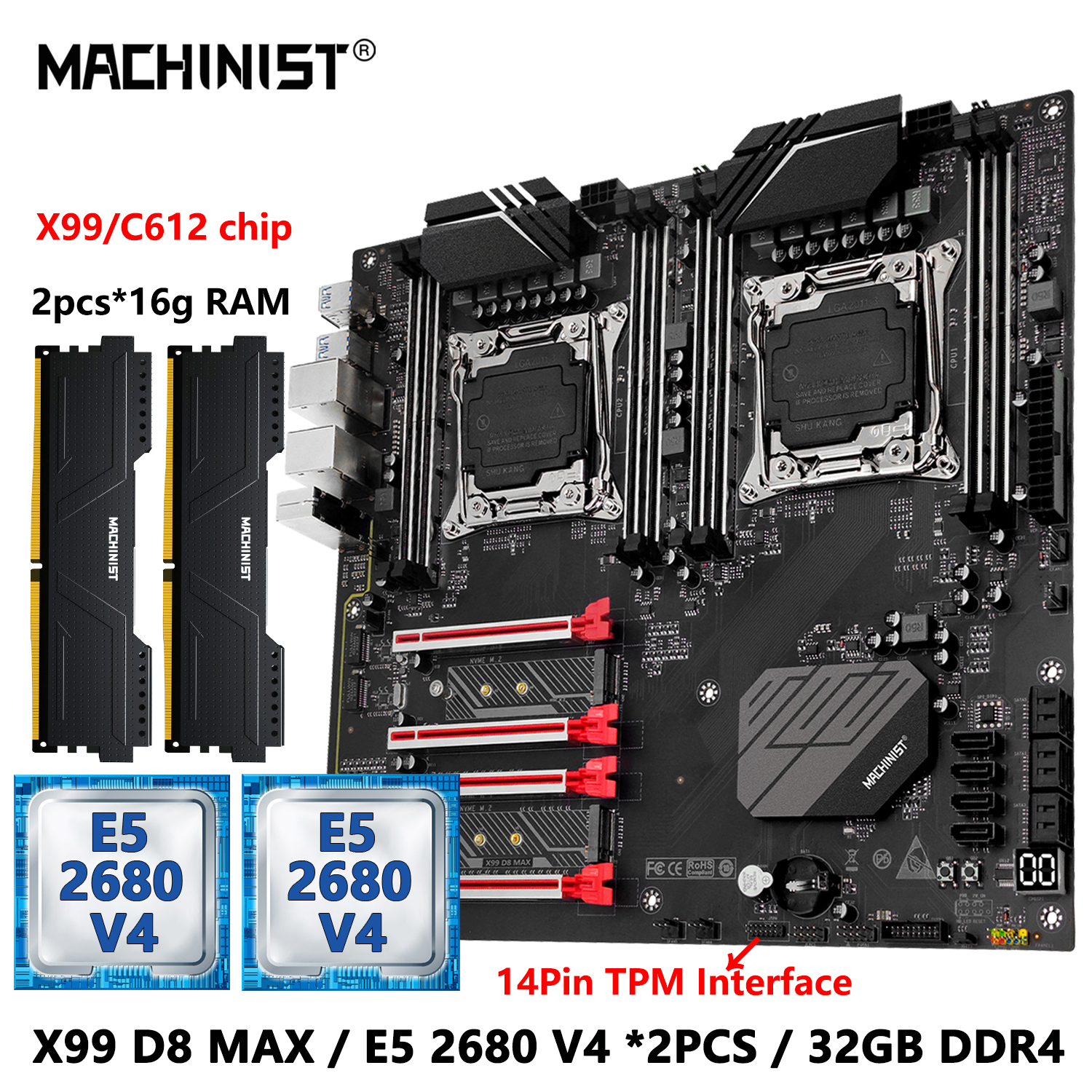 MACHINIST X99 D8 MAX デュアル CPU マザーボード オプションのコンボ Xeon E5 2680 V4 LGA 2011-3 CPU *2 および DDR4 2*16GB RAM TPM2.0