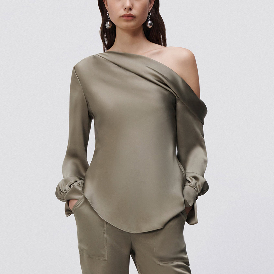 Tongrui Garment Customized Elegant Women's Cold Shoulder Tops Blouses Shirts Irregular Long Sleeve Women Shirts