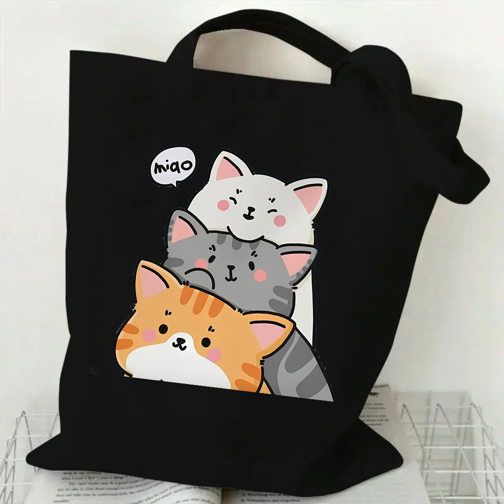 かわいい積み重ね猫キャンバストートバッグ、猫愛好家のためのかわいい漫画の猫プリントショルダーバッグ