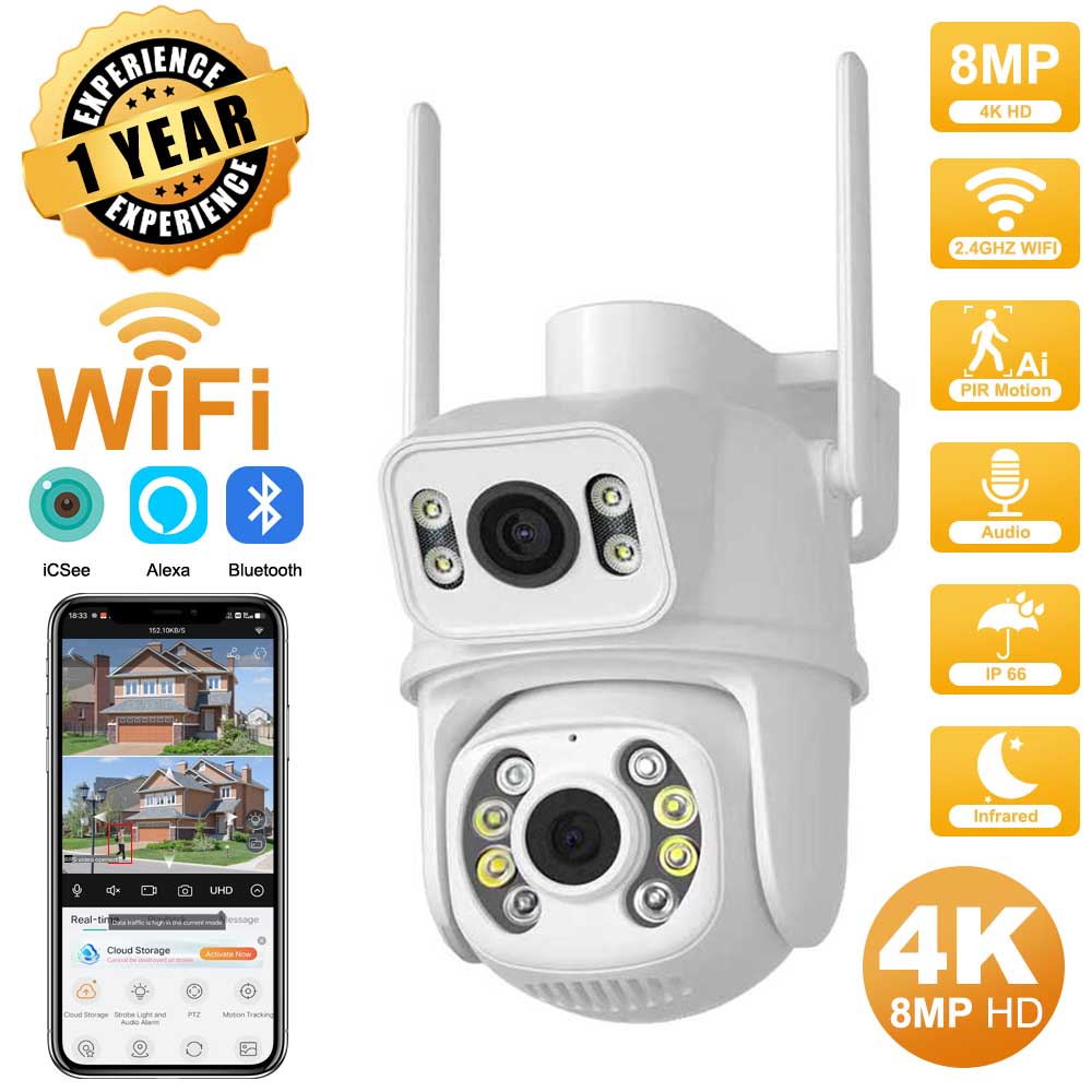 4K 8MP HD デュアルレンズ屋外ワイヤレスセキュリティ IP カメラ外部 Wifi PTZ カメラ自動追跡街頭監視カメラ iCsee