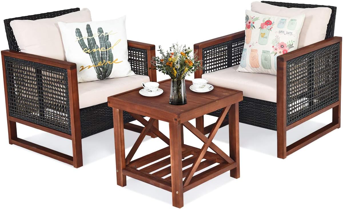 パティオ籐家具3点セット、洗えるクッション付き屋外籐ソファセット、アカシア材コーヒーテーブル会話ビストロセットガーデンバルコニー裏庭用、ベージュ