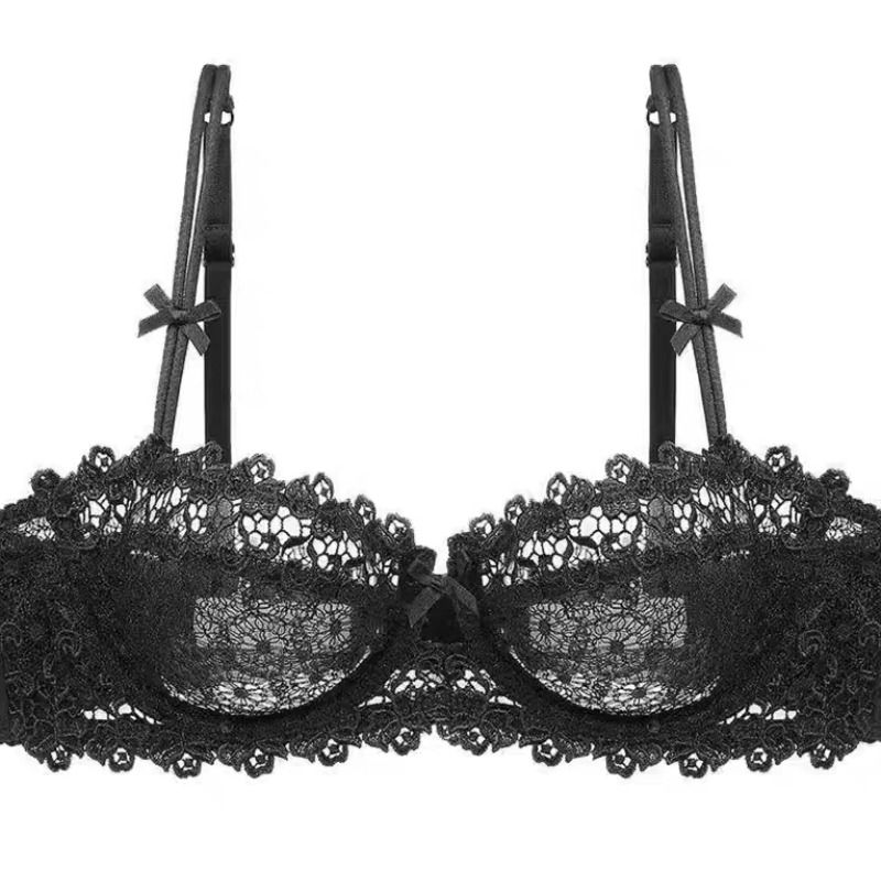 European Lace Bra Set Ultra-Thin Semi-Transparent, Half Cup Pure Desire Bras for Small Chest, Anti-Sagging Comfortable Underwear