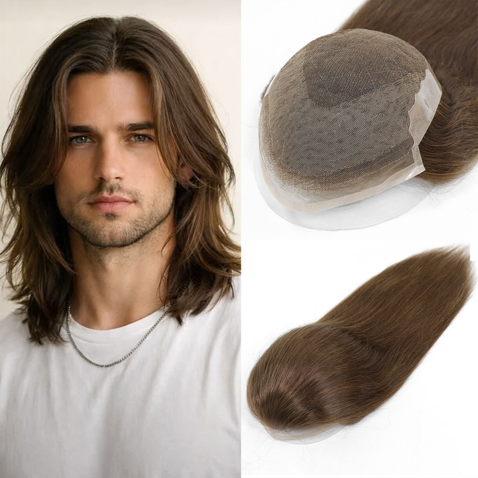 ブラウンロングヘアシステム男性のためのかつら人毛 OCT 通気性レース PU メンズヘアピース男性の毛細管交換システム