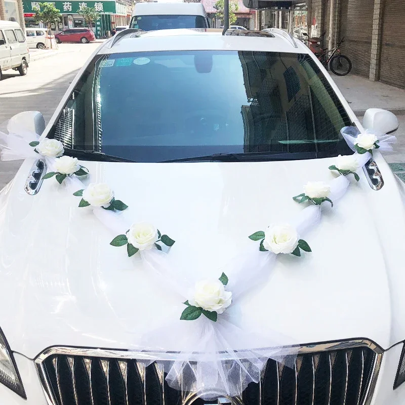 造花ローズ結婚式の車の装飾 DIY ミラーハンドル花セット車のドアハンドル花リボンウェディングパーティーの装飾