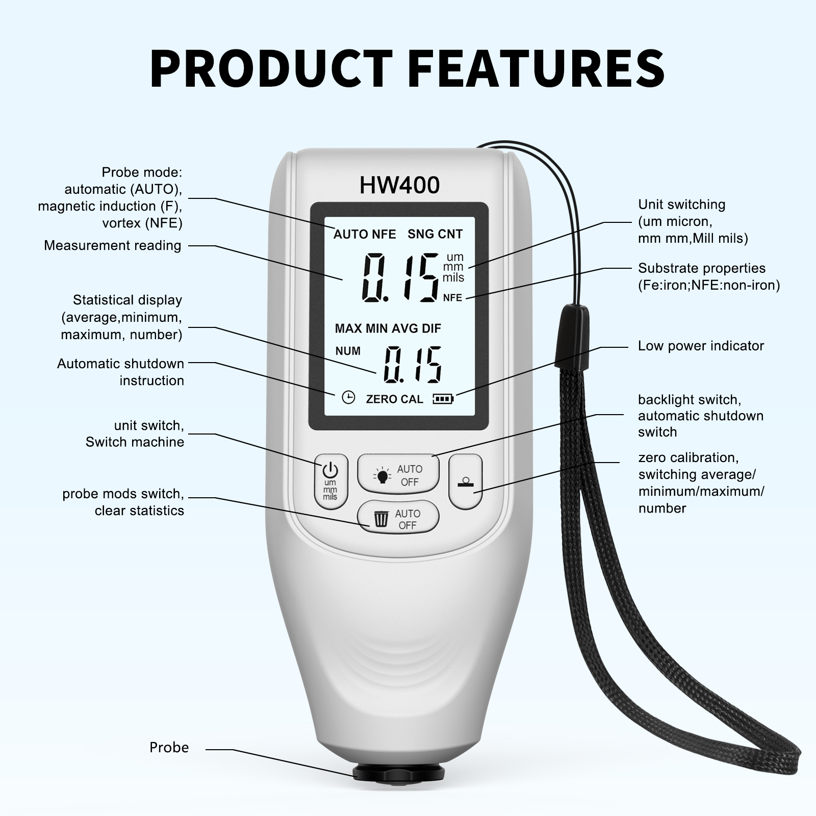 HW400 膜厚計、0 ～ 2000μm 高精度、LCD ディスプレイ、自動 Fe/NFe、自動車塗装の高速テスト