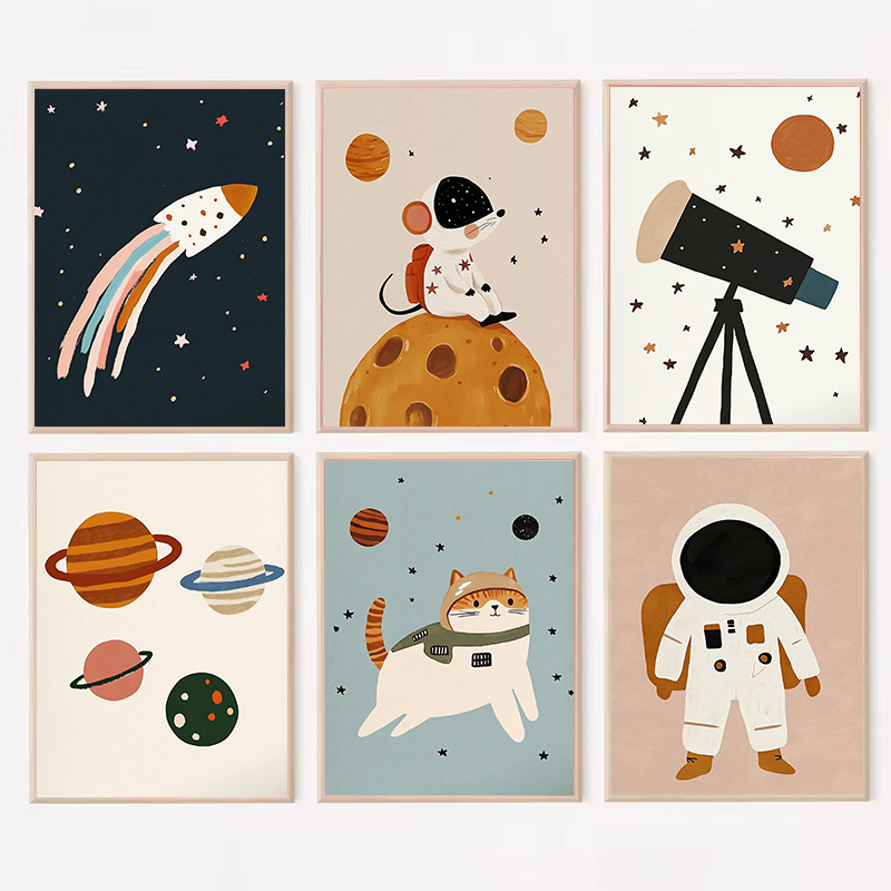 北欧漫画宇宙宇宙飛行士動物の冒険保育園ポスターキャンバス絵画壁アート画像ホーム子供の部屋の装飾
