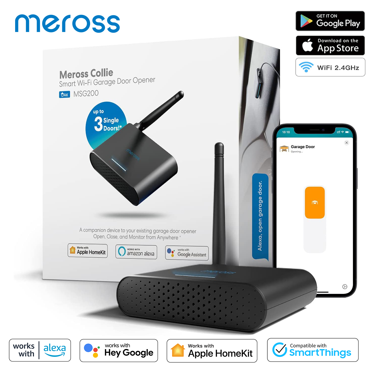 Meross スマートガレージドアオープナー 外部アンテナ付き 最大 3 つのシングルドア EU/US/AU/UK バージョンサポート HomeKit Alexa Google Home