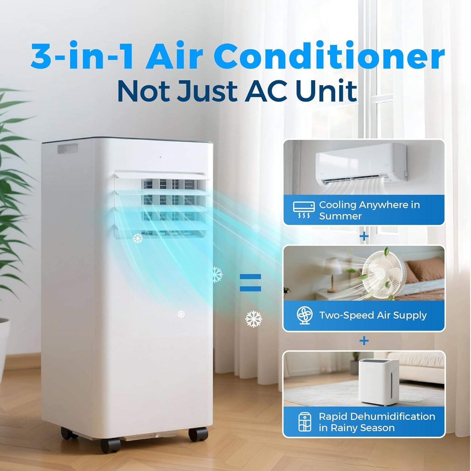 10000 BTU 3-in-1 ポータブルエアコン、WiFi 対応冷却ユニット、部屋やガレージに最適、カスタマイズ