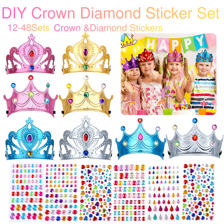 12-48 セット DIY プリンセスクラウン 女の子用 ダイヤモンドステッカー付き キングハット ティアラ バルク 子供の誕生日パーティー用品用