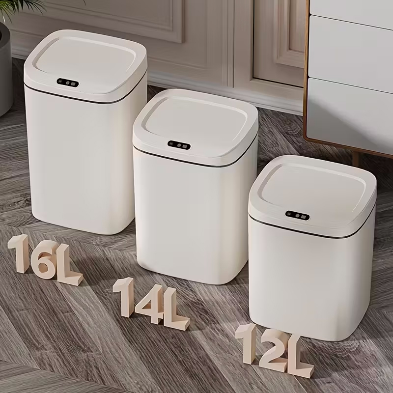 1パックスマートモーションセンサーゴミ箱タッチレス蓋付き、プラスチックスリムコンパクトスマートゴミ箱、ミニマリストシームレスカバー低電圧動作家庭用キッチンバスルームオフィス用衛生廃棄物ソリューション