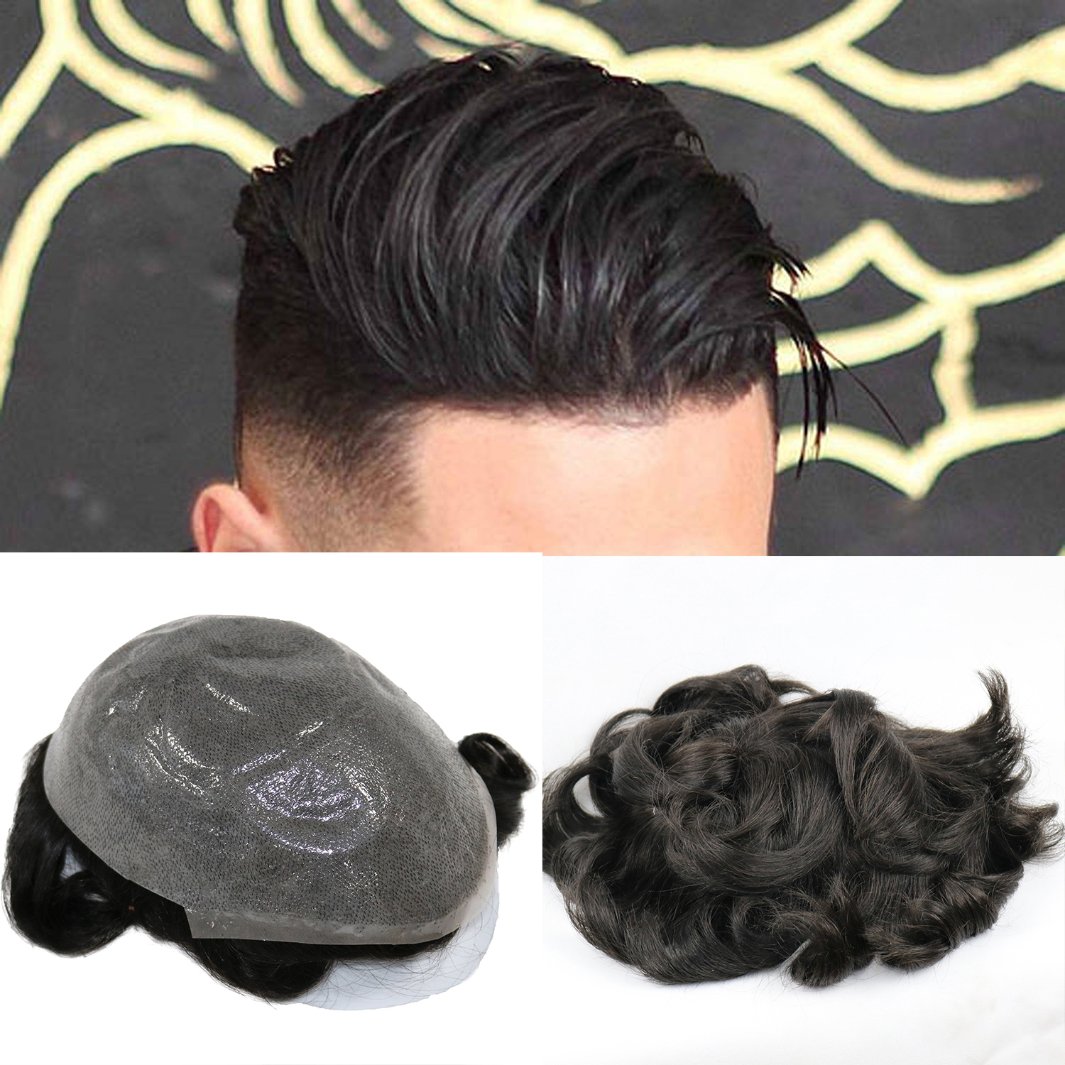 Cutestyle ヘアピース男性薄い肌かつら男性のためのメンズヘアピース交換システム 1B65 色人毛メンズウィッグ