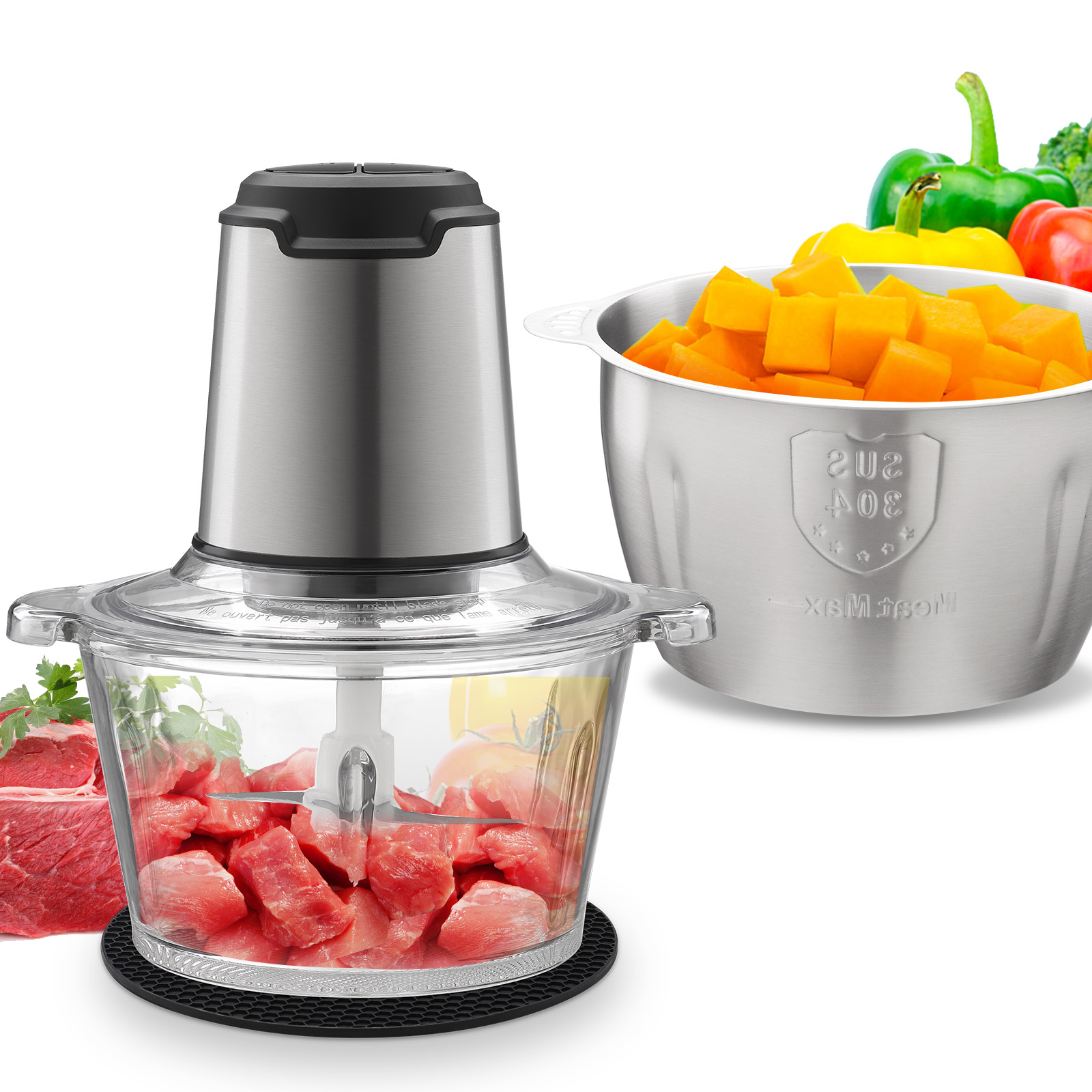 2スピードフードプロセッサー、肉挽き器、肉、果物、野菜、離乳食、ナッツ用のボウル2つ付き、