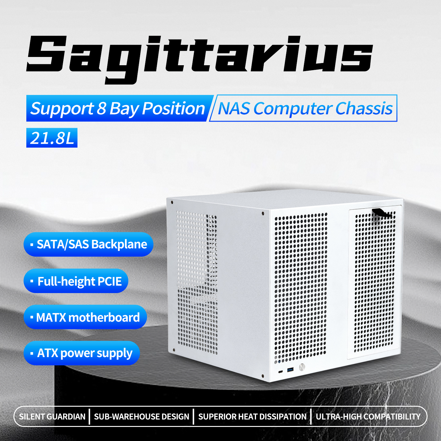 Sagittarius 8 ベイ ポジション NAS コンピュータ シャーシ、SATA/SAS バックプレーン |フルハイト PCIE | MATX マザーボード | ATX電源
