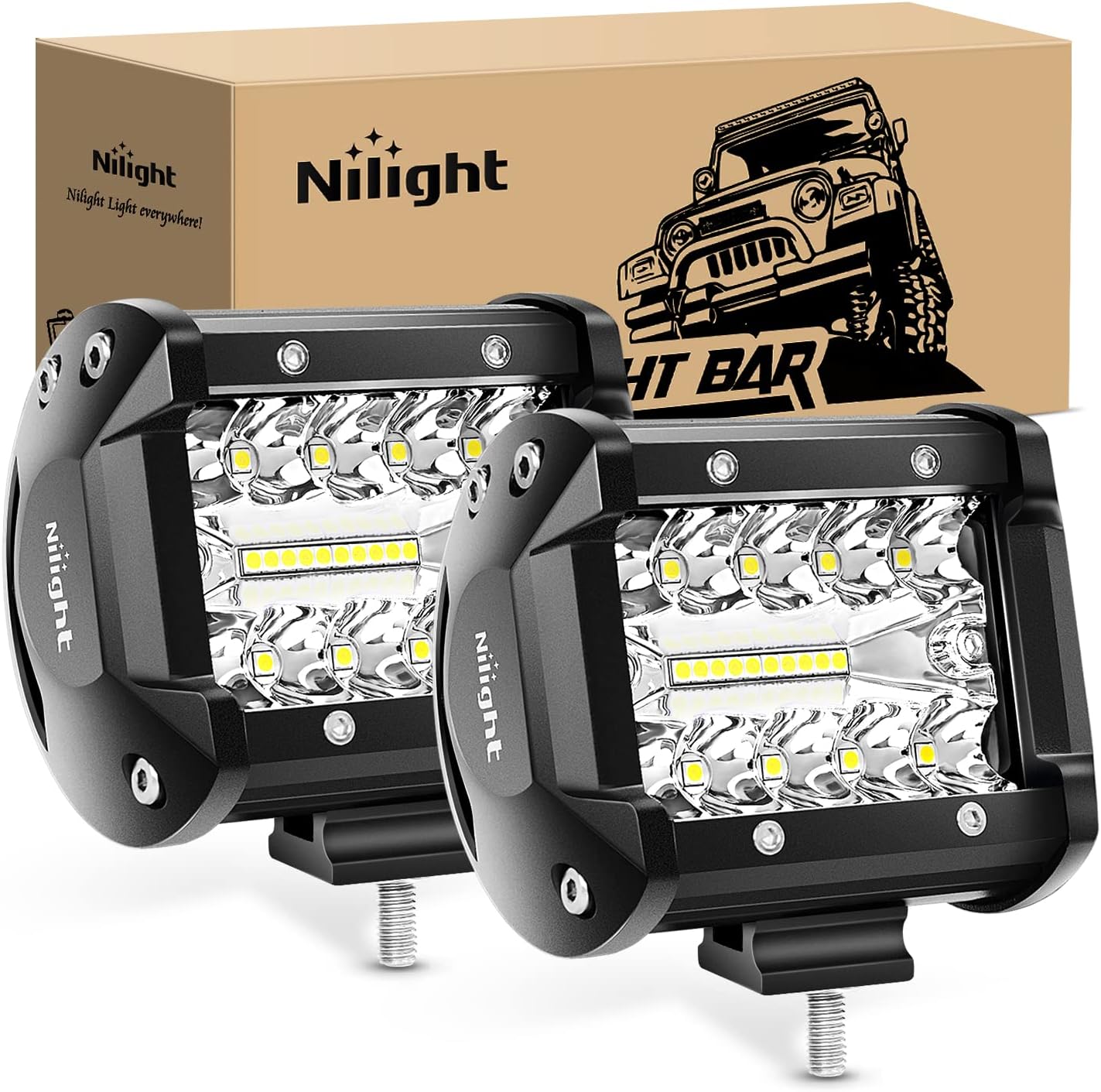 Nilight LEDライトポッド 2PC 4インチ 60W フラッドスポットコンボ トリプルロー ドライビングランプ ルーフバンパー オフロード LED ワークライトポッド バン キャンピングカー ワゴン 車 ピックアップ ゴルフ カート ATV UTV SUV トラック ボート 4x4用