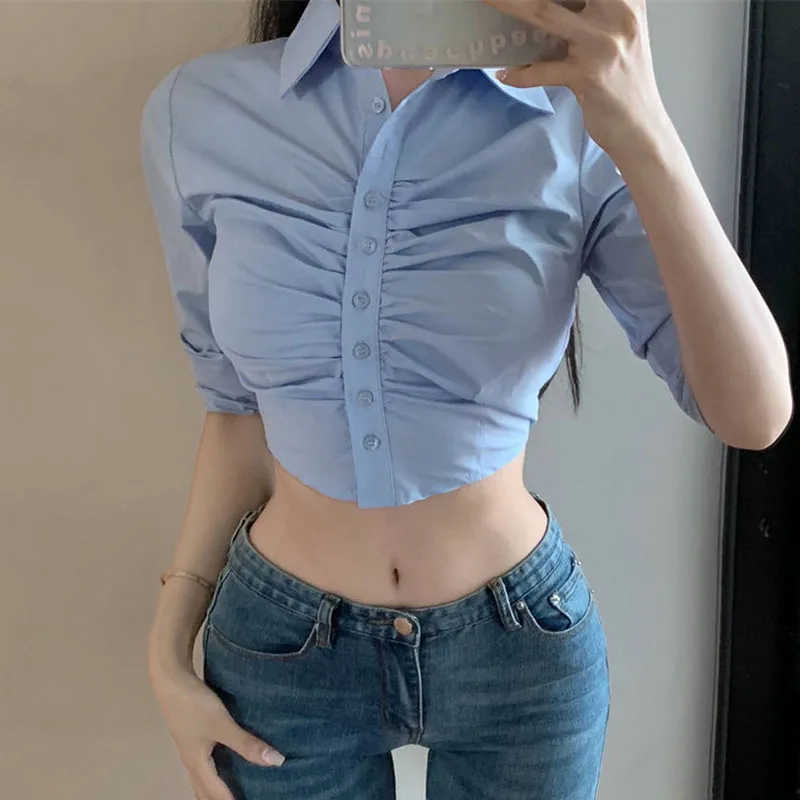Lucyever 2025 新セクシーなスリムフィットクロップトップス女性 Y2K 折りチュニック長袖シャツレディース韓国のファッションボタン白ブラウス