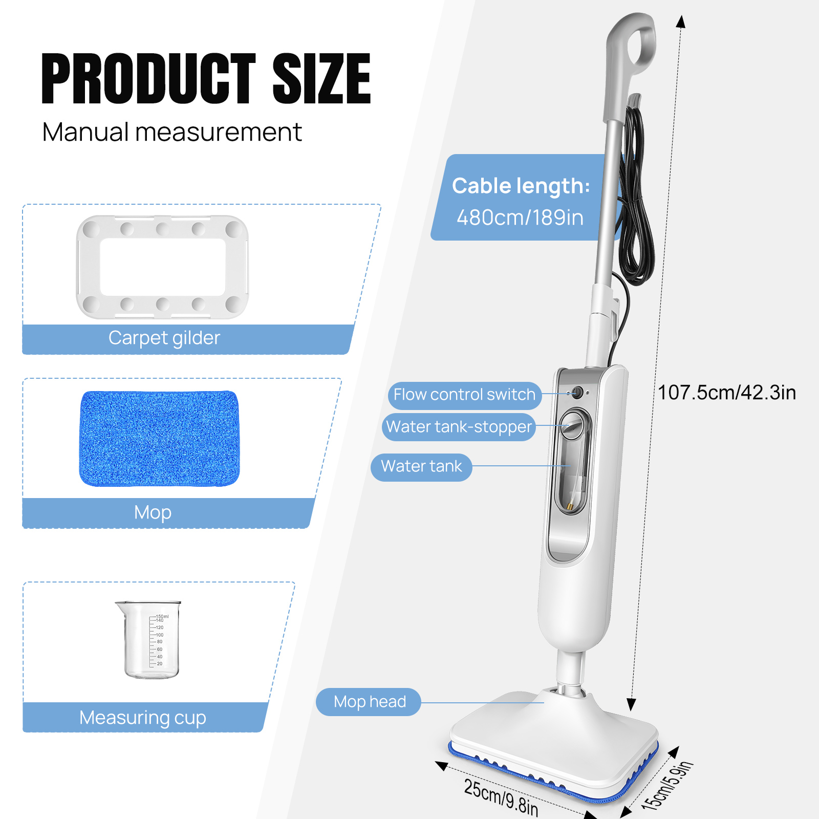 1500W ホットスチームクリーナー ハンドヘルド、115cm アルミニウムロッド、400ml 水タンク、4.8M ケーブル、20 秒の高速加熱、28g/分