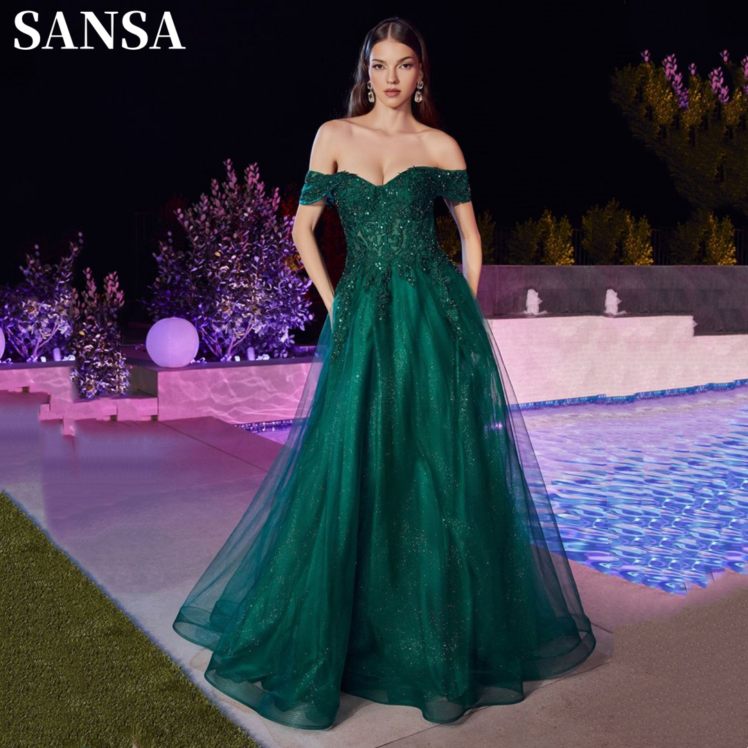 Sansa Green Lace Embroid فساتين سهره فاخره 2023 A-line فساتين السهرة Sweet Off Shoulder Vestidos De Noche Fairy Prom Dresses
