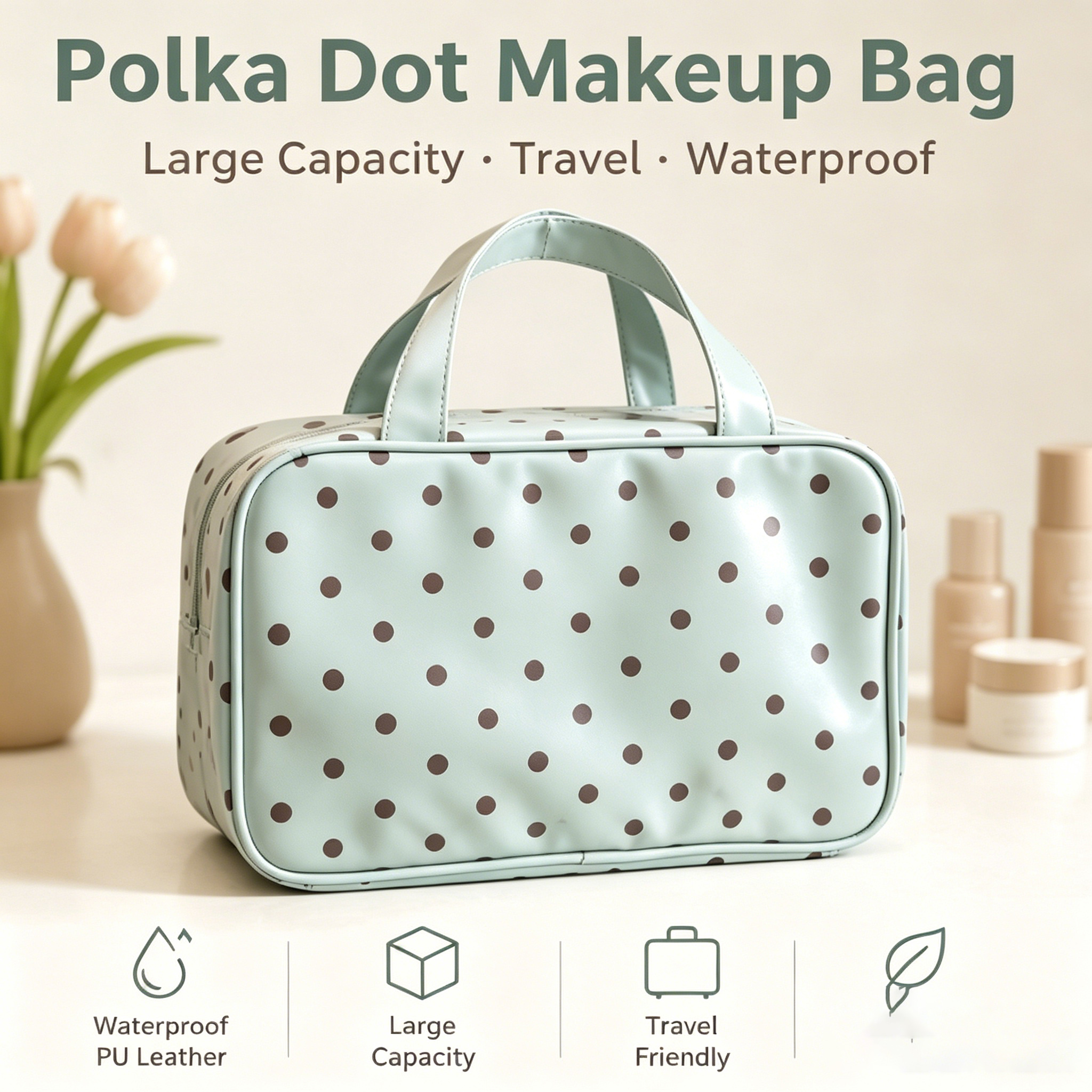 Polka Dot Makeup Bag Waterproof PU Leather Large Capacity Cosmetic Organizer Portable Travel Toiletry Makeup Storage Pouch
