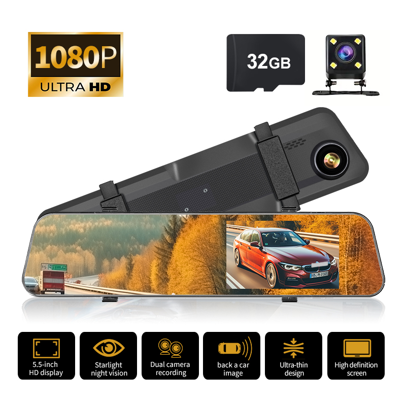 ダッシュカム ユニークな5.5インチ ドライブレコーダー バックミラー 1080P HDスクリーン 前後デュアル録画