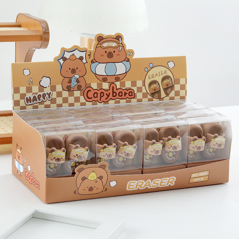 32個入り（16箱）かわいいカピバラのスリッパ型鉛筆消しゴム（筆記用具、新学期用品）