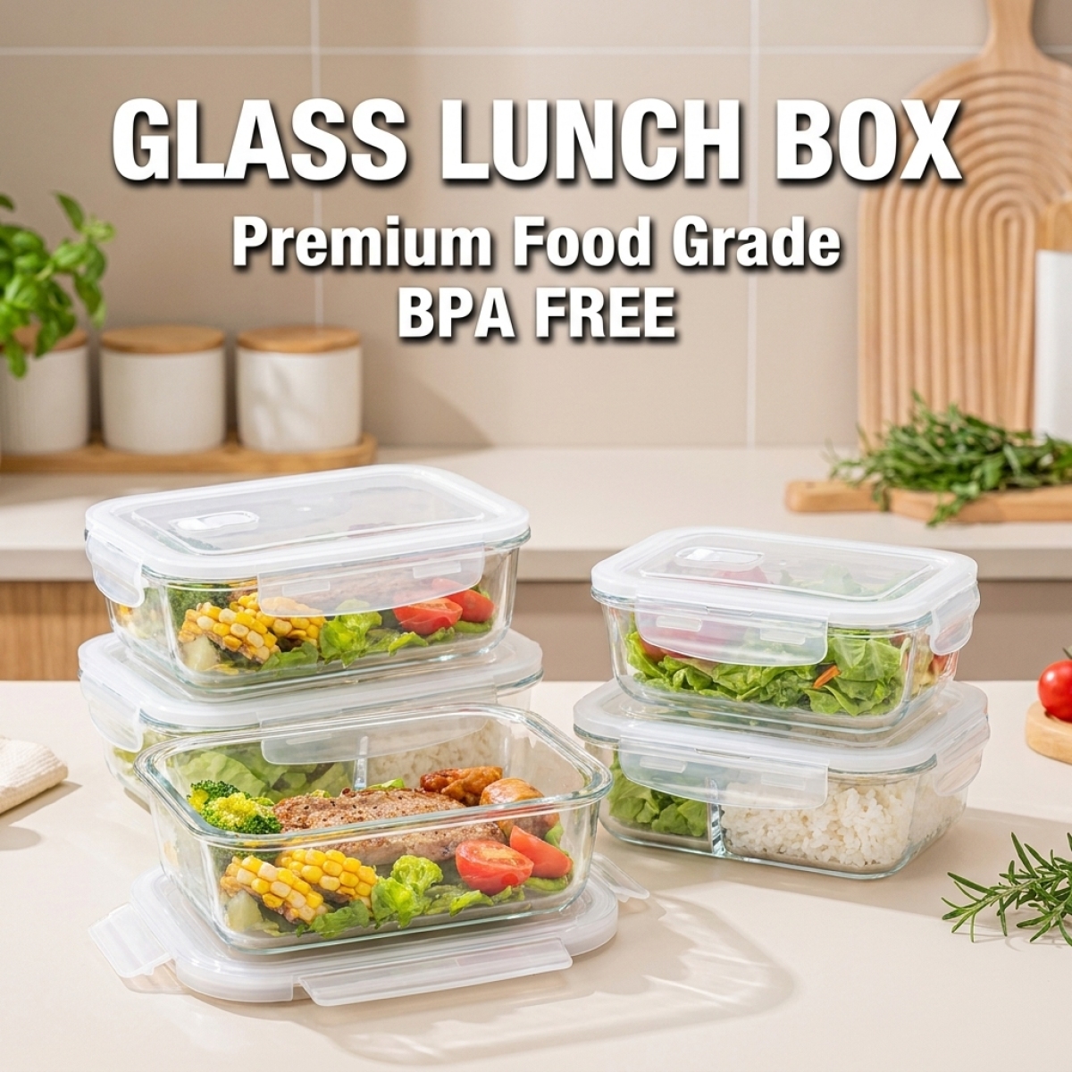White Lid Glass Lunch Box Set,Microwave Safe Food Storage Crisper,High Borosilicate Glass Bento Box,Leakproof,Reusable&Eco-Frien