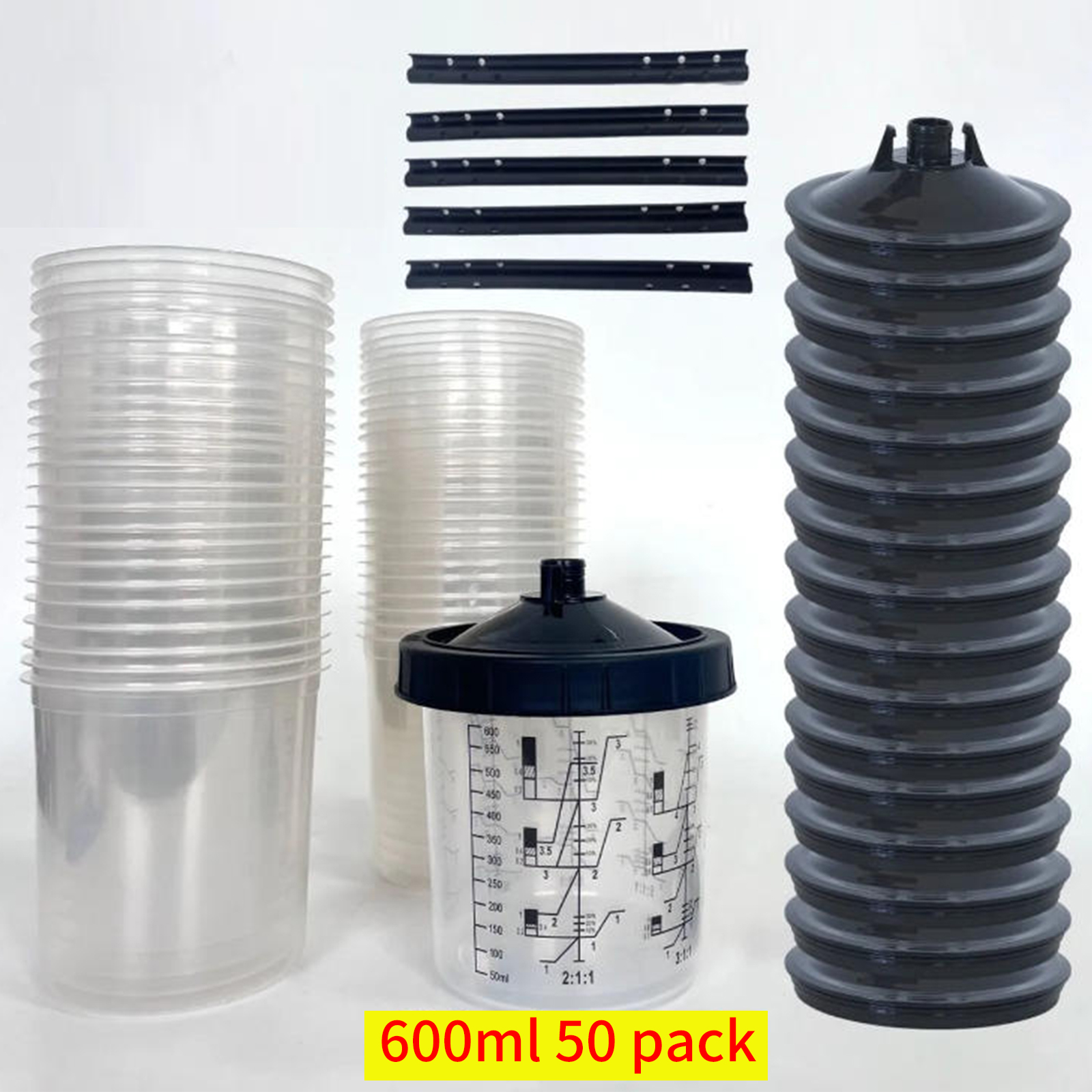 50個 600ml 使い捨てスプレーガンカップ フィルター付き H/Oクイックカップシステム ペイントミキシングセット スティック5本付き