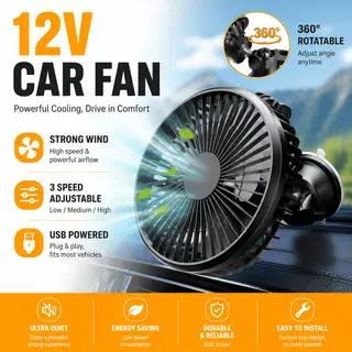 車のファン 12V-24V 大風 3 速度制御ライトとポータブル吸盤シングルヘッドポータブル USB 充電式 360 度