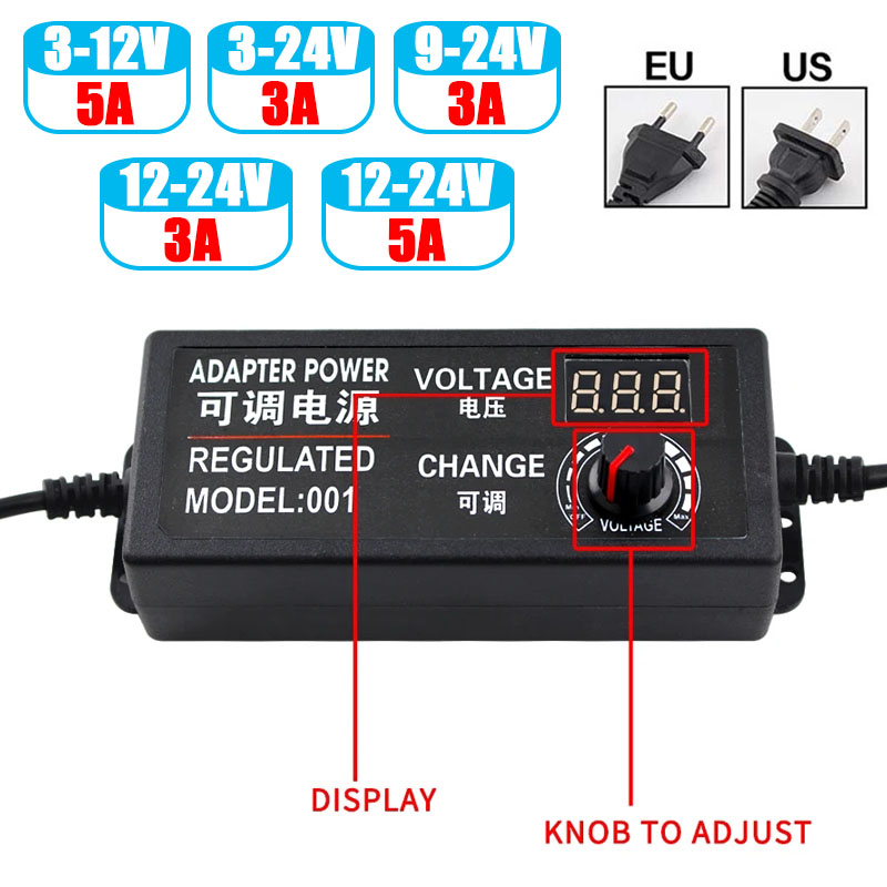 EU/米国 3V-12V 3V-24V 9V-24V 12V-24V 3A 5A 調整可能電源（スクリーン付き）ユニバーサルアダプター LED照明トランス