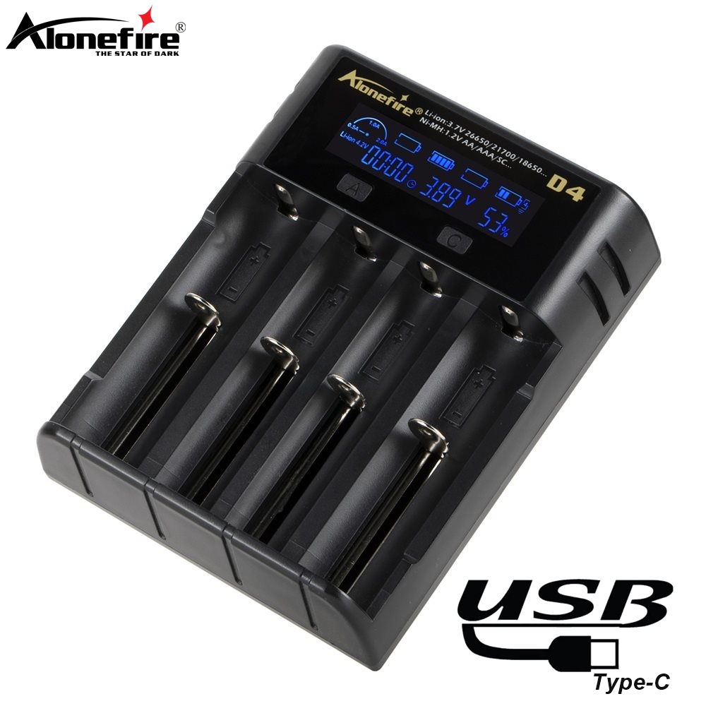 Alonefire D4 4 チャンネル 2A LCD 高速 USB 充電器 1.2V Ni-MH/Ni-Cd AA AAA、3.7V 26650/21700/18650 懐中電灯トーチバッテリー用