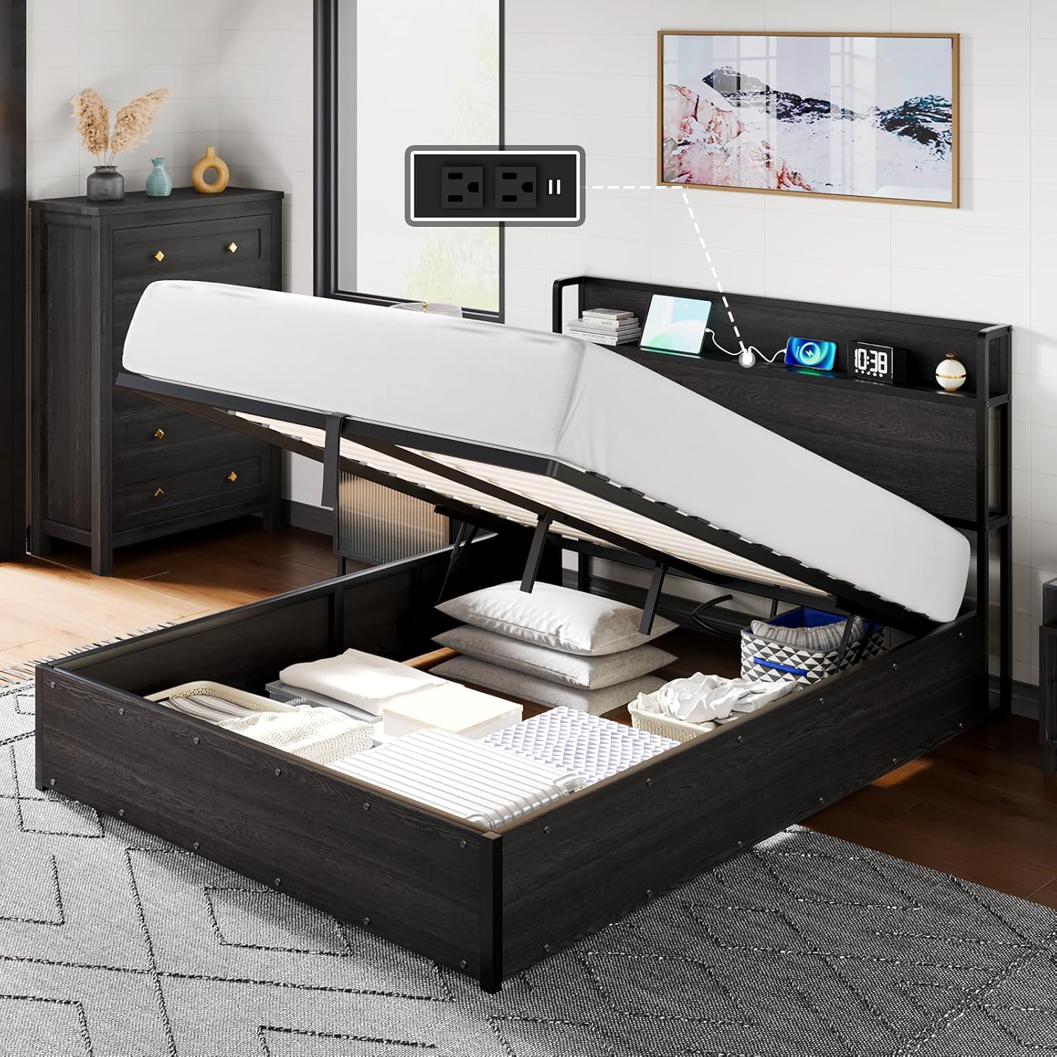 フルサイズリフトアップストレージベッドフレーム、リフティングストレージ付き木製プラットフォームベッドフレーム