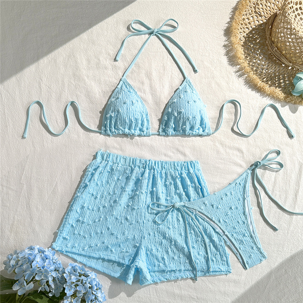 Light Blue String Halter Triangle Bikinis Sets 3 Pieces Shorts Bottoms Swimwear 2026 Woman Micro Thong Sexy Swimsuit Bather