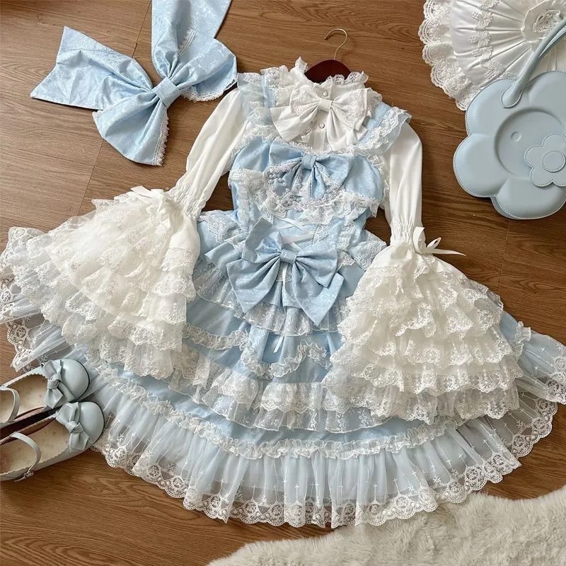 ロリータかわいい Y2k 長袖ストラップドレス日本の膝丈の女性のエレガントなレースの弓パッチワーク夜会服甘いオールシーズン