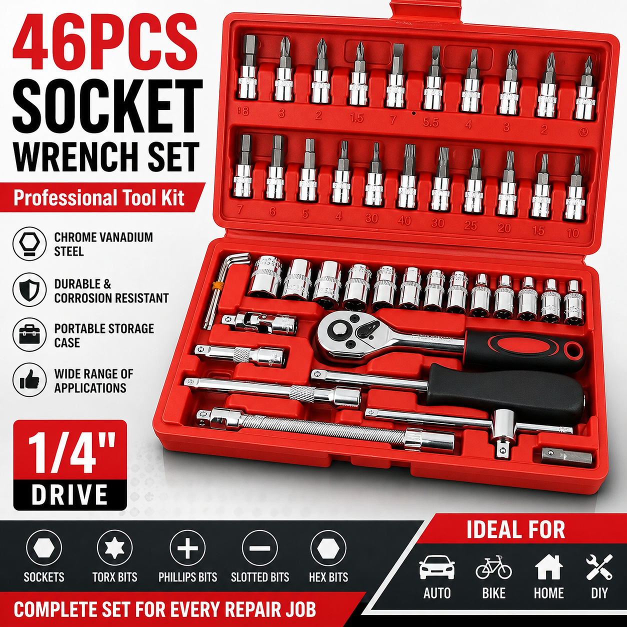 46PCSソケットレンチセット、1/4インチドライブラチェットソケットツールキット、メートルソケット、自動車修理用ドライバービット延長バー付き