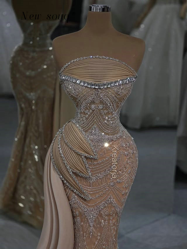 ロング シャンパン ストラップレス マーメイド イブニング ドレス スパークル クリスタル 刺繍 ビーズ フォーマル 結婚式 ゲスト パーティー ウェア ガウン