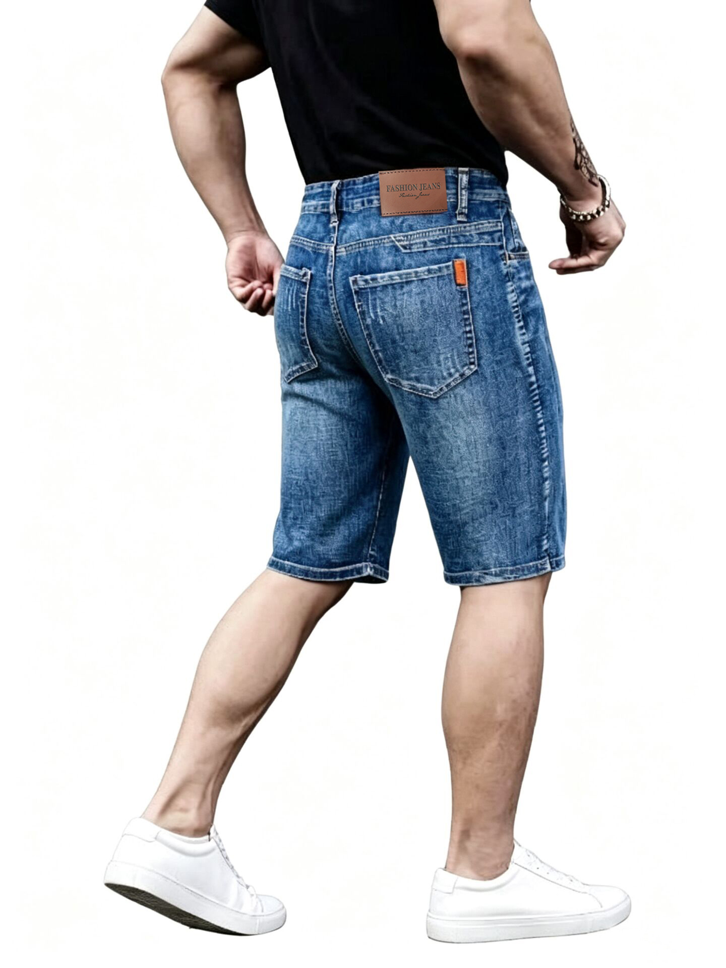 夏ショートジーンズ男性デニムパンツストレッチダークブルーファッションデザインメンズジーンズスリムストレート男性ショートジーンズやつ