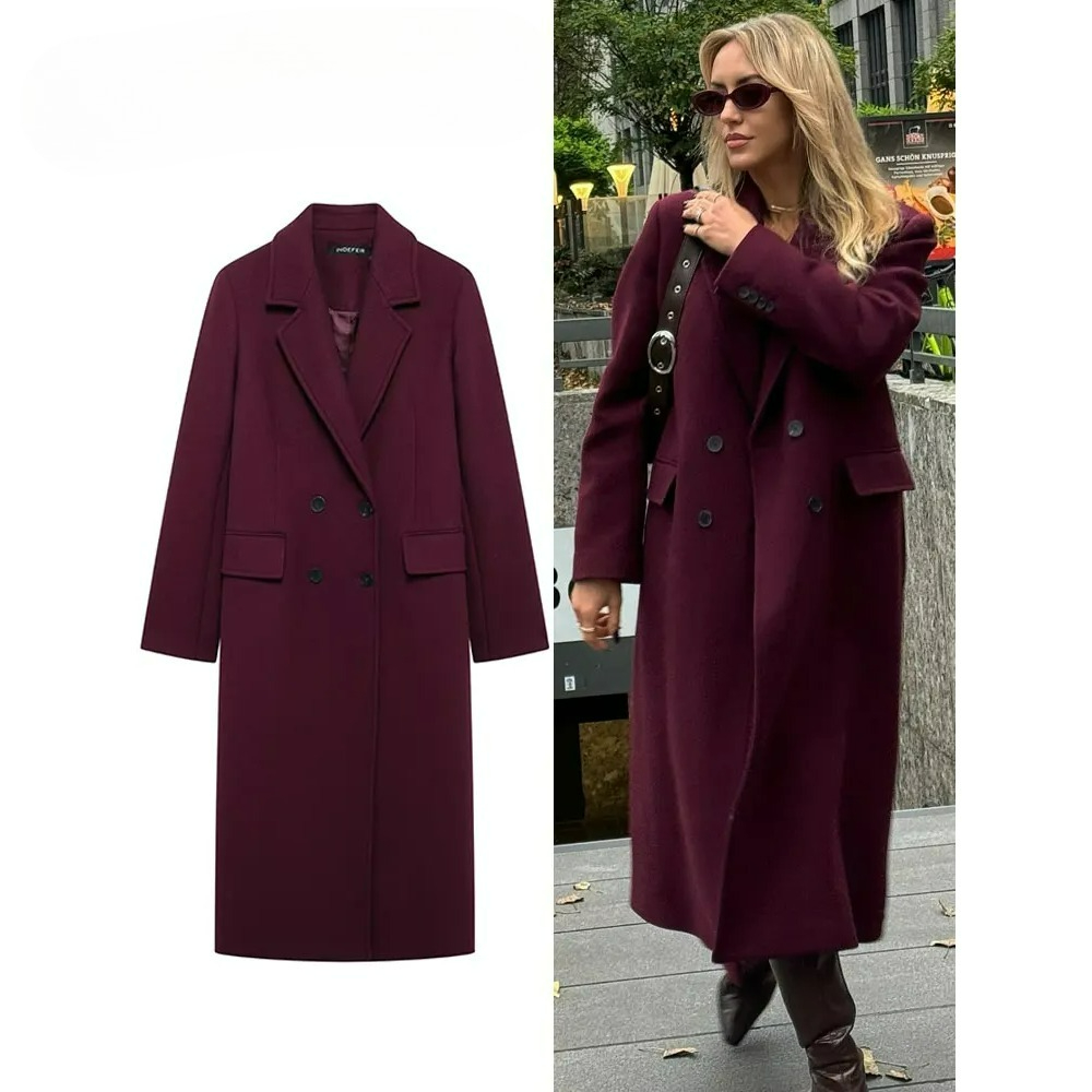 ファッショナブルなブルゴーニュウールコート女性のための長袖ダブルボタンフラップブレンドジャケットアウトドアストリート服秋冬