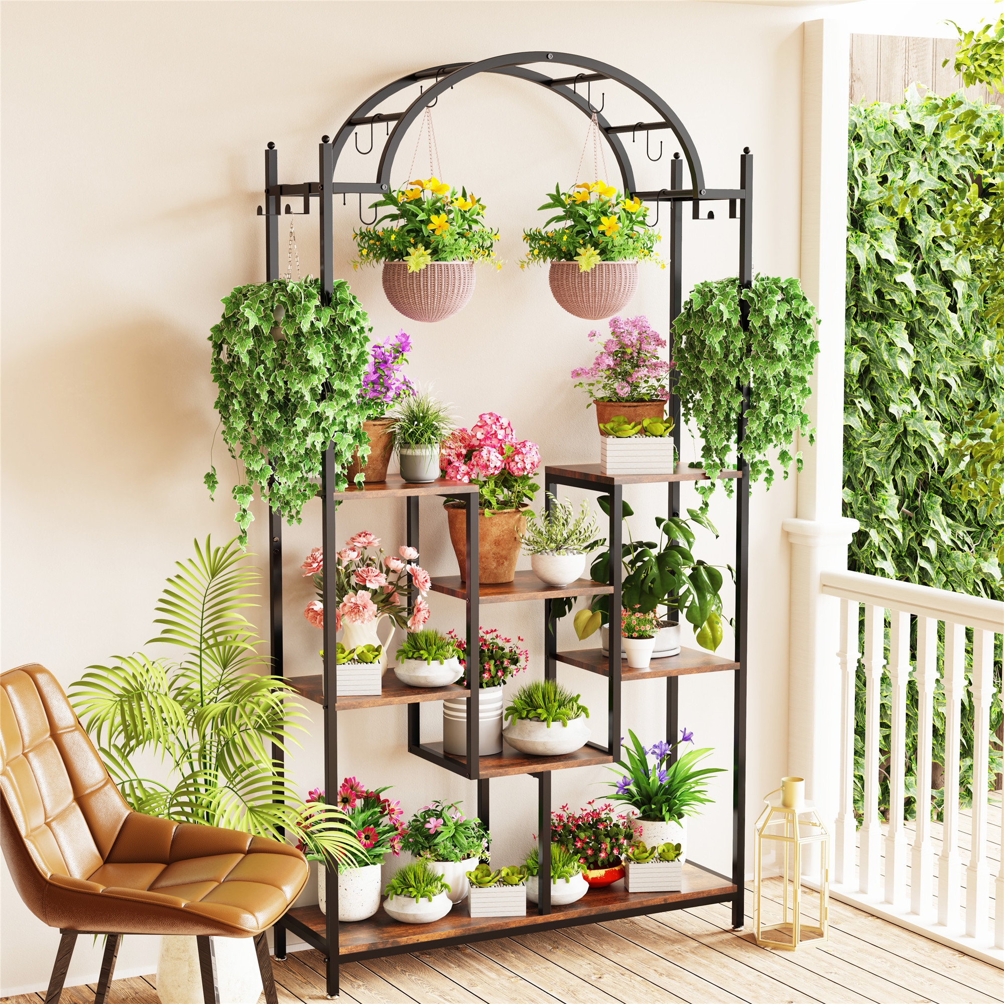 5段背の高い屋内植物スタンド、74.8インチのアーチ型メタルフラワーシェルフ、吊り下げフック付き、庭用大型盆栽ポットディスプレイラック