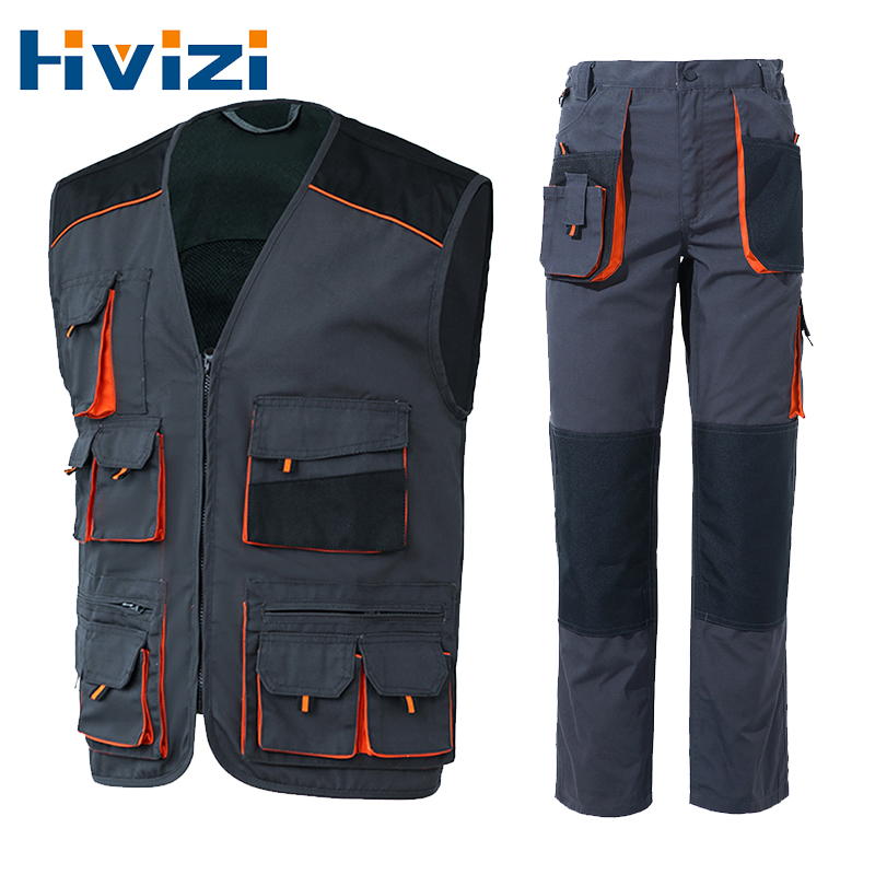 Work Suit for Mechanic Multi Pockets Vest and Cargo Pants Set Construction Work Clothes for Men Welder