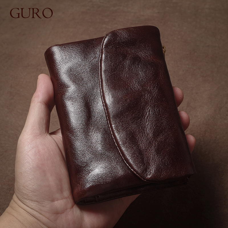 GURO ヴィンテージ本革三つ折り財布メンズレディースジッパー小銭入れ運転免許証 ID クレジットカード高級牛革財布