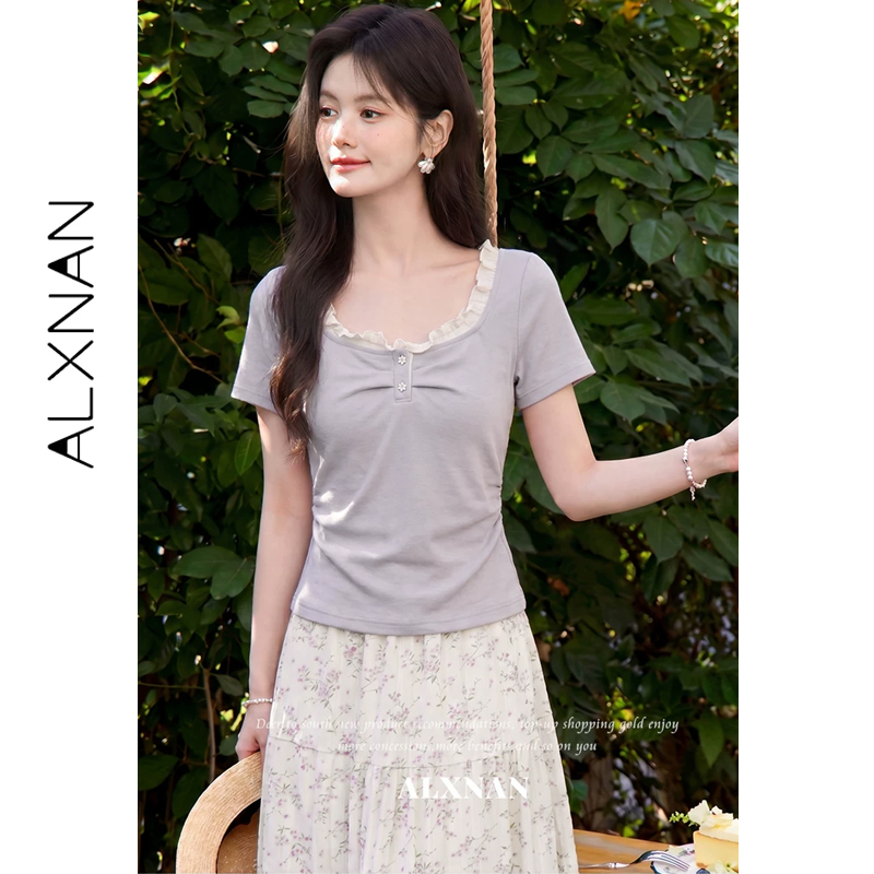 ALXNAN パープル Tシャツ女性 2026 夏フリルスクエアネックフラワーボタンプリーツスリムフィット Tシャツエレガントカジュアルトップ DYL662782