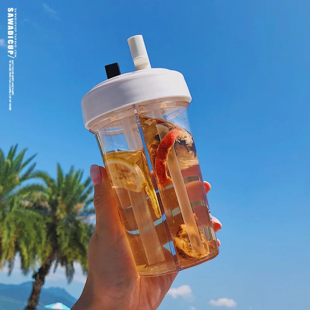 プラスチックダブルドリンクカップギフト漏れ防止デュアルストロー別々のカップル水マグ透明プラスチックボトル