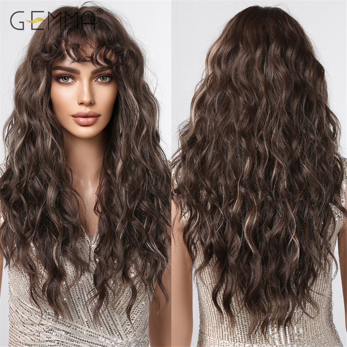 GEMMA ダークブラウンロングカーリー合成かつらディープウェーブコスプレヘアウィッグ波状前髪付き女性のための日常パーティー耐熱ファイバー
