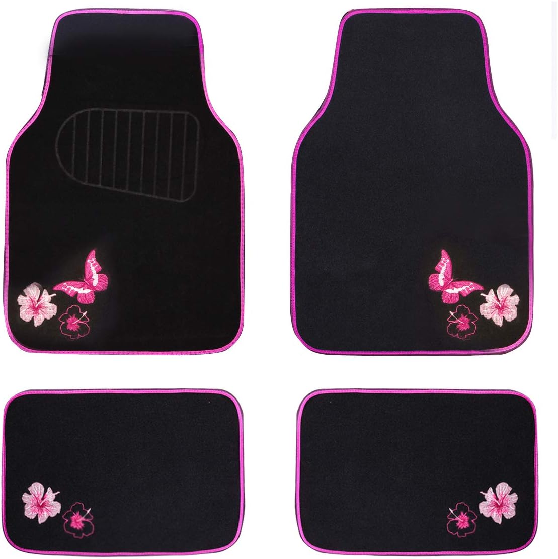 ピンクバタフライフラワーカーフロアマット、SUV、セダン、バンにユニバーサルフィット、キュートでガーリーな4個セット