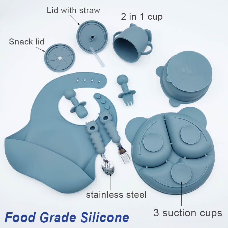 8Pcs Baby Feeding Set Personalized Name Silicone Tableware For Kids Bear Plate Bowl Spoon Fork Customized Children's Tableware