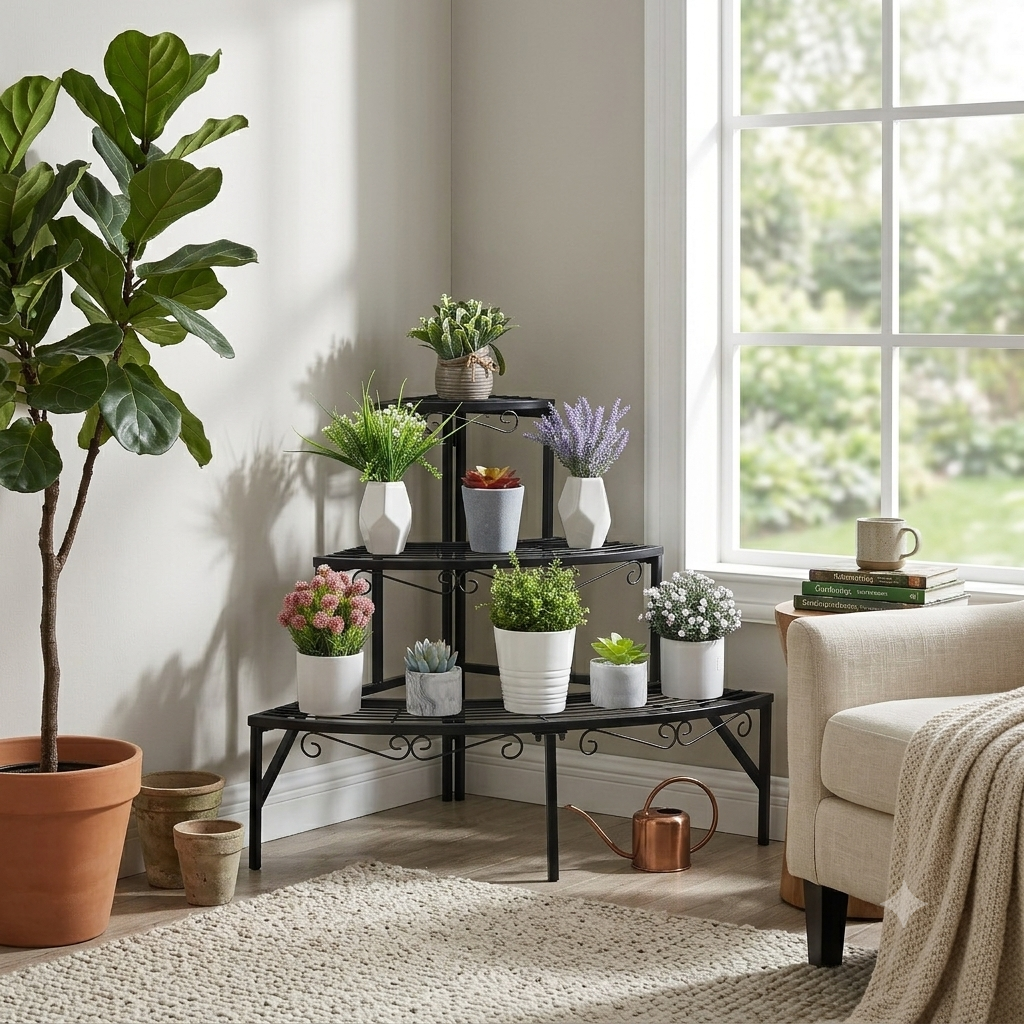 3段コーナーはしご植物棚屋内屋外庭の花ディスプレイラック金属植物スタンドオーガナイザー